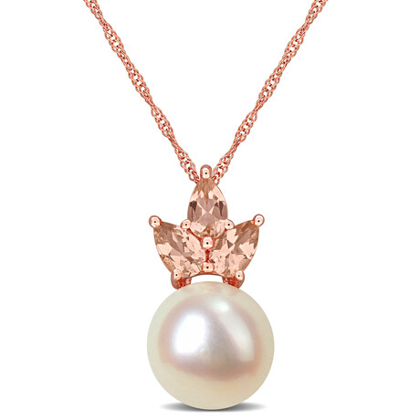 9-9.5mm Cultured Freshwater Pearl and 3/4ct TGW Morganite Drop Pendant with Chain in 14k Rose Gold