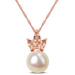 9-9.5mm Cultured Freshwater Pearl and 3/4ct TGW Morganite Drop Pendant with Chain in 14k Rose Gold