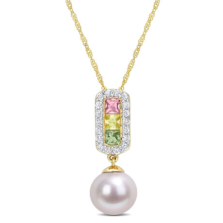 8.5-9 mm Cultured Freshwater Pearl and 7/8 CT TGW Multi Color Sapphire Halo Drop Pendant and Chain in 14k Yellow Gold