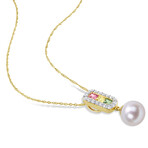 8.5-9 mm Cultured Freshwater Pearl and 7/8 CT TGW Multi Color Sapphire Halo Drop Pendant and Chain in 14k Yellow Gold