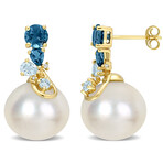 14-14.5mm South Sea Cultured Pearl 2 CT TGW London & Sky Blue Topaz & Diamond Accent Drop Earrings in 14k Yellow Gold