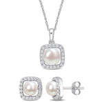 6-7.5mm White Round Cultured Freshwater Pearl and 3/5ct TGW Created White Sapphire 2-Piece Halo Necklace and Earrings Set in 10k White Gold