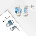 3 1/2ct TGW Blue Topaz and 1/10ct TDW Diamond 5.5-6mm Cultured Freshwater Pearl Cluster Earrings in 14k White Gold