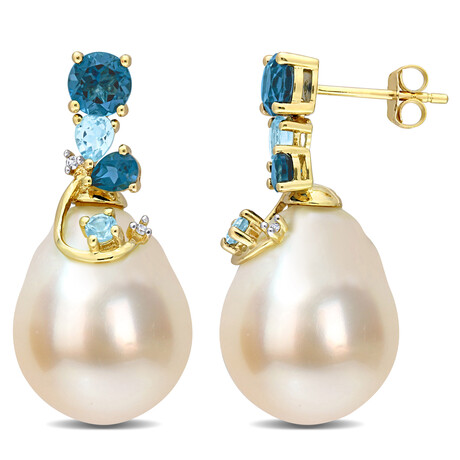 9-10mm South Sea Cultured Pearl & 2 CT TGW Blue Topaz London and Blue Topaz Sky with Diamond Accent Drop Earrings in 14k Yellow Gold