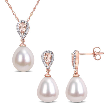 1/5ct TDW Diamond and 3/4ct TGW Morganite with 9-9.5mm White Cultured Freshwater Pearl Drop Earrings and Pendant Set in 10k Rose Gold