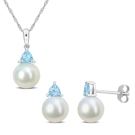 8-8.5mm Cultured Freshwater Pearl and 7/8ct TGW Sky Blue Topaz Earrings and Pendant Set in 10k White Gold with Chain