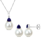 8-8.5mm Cultured Freshwater Pearl and 1 1/5ct TGW Created Blue Sapphire Earrings and Pendant Set in 10k White Gold with Chain