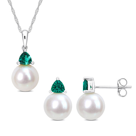 8-8.5mm Cultured Freshwater Pearl and 5/8ct TGW Created Emerald Earrings and Pendant Set in 10k White Gold with Chain