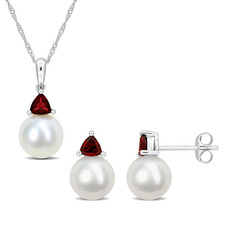 8-8.5mm Cultured Freshwater Pearl and 7/8ct TGW Garnet Earrings and Pendant Set in 10k White Gold with Chain