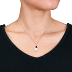 8-8.5mm Cultured Freshwater Pearl and 7/8ct TGW Garnet Earrings and Pendant Set in 10k White Gold with Chain