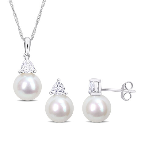 8-8.5mm Cultured Freshwater Pearl and 1ct TGW Created White Sapphire Earrings and Pendant Set in 10k White Gold with Chain