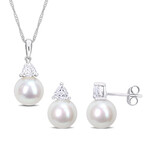 8-8.5mm Cultured Freshwater Pearl and 1ct TGW Created White Sapphire Earrings and Pendant Set in 10k White Gold with Chain