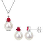 8-8.5mm Cultured Freshwater Pearl and 7/8ct TGW Created Ruby Earrings and Pendant Set in 10k White Gold with Chain