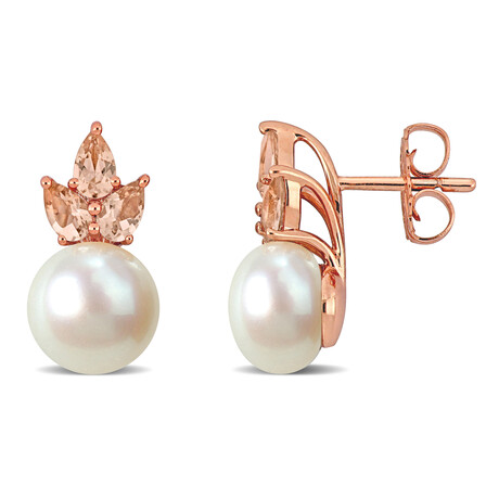 9-9.5mm Cultured Freshwater Pearl 1 1/2ct TGW Pear-Cut Morganite and Stud Earrings in 14k Rose Gold