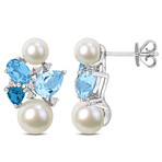 3 1/2ct TGW Blue Topaz and 1/10ct TDW Diamond 5.5-6mm Cultured Freshwater Pearl Cluster Earrings in 14k White Gold