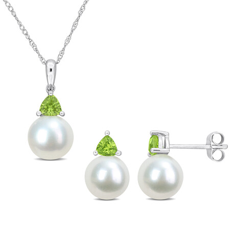 8-8.5mm Cultured Freshwater Pearl and 1/8ct TGW Peridot Earrings and Pendant Set in 10k White Gold with Chain