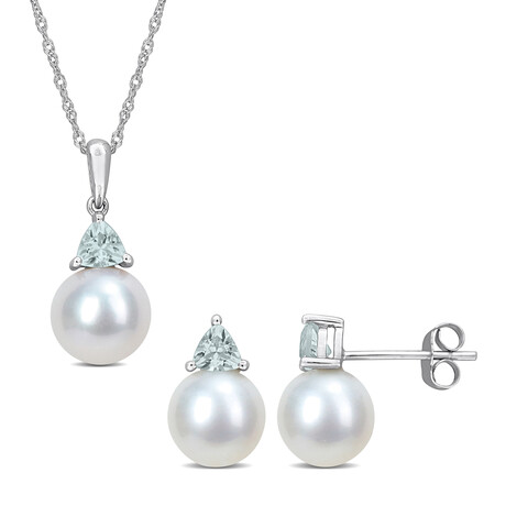 8-8.5mm Cultured Freshwater Pearl and 5/8ct TGW Aquamarine Earrings and Pendant Set in 10k White Gold with Chain