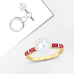 8-8.5mm Cultured Freshwater Pearl 3/4ct TGW Baguette Shaped Ruby Ring in 10k Yellow Gold (9)