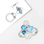 1 3/4 Ct TGW London, Swiss and Sky Blue Topaz and Diamond Accent with Cultured Freshwater Pearl Cluster Ring in 14k White Gold (7)