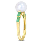 8-8.5mm Cultured Freshwater Pearl 1/2ct TGW Baguette Shaped Emerald Ring in 10k Yellow Gold (6)