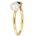 7/8ct TGW Pear-Cut London Blue Topaz 6-6.5mm Cultured Freshwater Pearl Open 2-Stone Ring in 10k Yellow Gold (8)