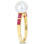 8-8.5mm Cultured Freshwater Pearl 3/4ct TGW Baguette Shaped Ruby Ring in 10k Yellow Gold (7)