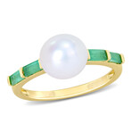 8-8.5mm Cultured Freshwater Pearl 1/2ct TGW Baguette Shaped Emerald Ring in 10k Yellow Gold (6)