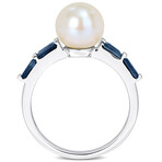 8-8.5mm Cultured Freshwater Pearl 3/4ct TGW Baguette Shaped Sapphire Ring in 10k White Gold (5)