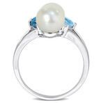 1 3/4 Ct TGW London, Swiss and Sky Blue Topaz and Diamond Accent with Cultured Freshwater Pearl Cluster Ring in 14k White Gold (7)