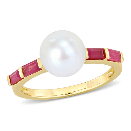 8-8.5mm Cultured Freshwater Pearl 3/4ct TGW Baguette Shaped Ruby Ring in 10k Yellow Gold (6)