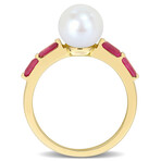 8-8.5mm Cultured Freshwater Pearl 3/4ct TGW Baguette Shaped Ruby Ring in 10k Yellow Gold (7)