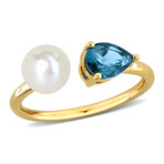 7/8ct TGW Pear-Cut London Blue Topaz 6-6.5mm Cultured Freshwater Pearl Open 2-Stone Ring in 10k Yellow Gold (6)