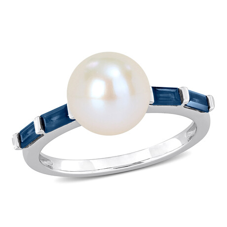 8-8.5mm Cultured Freshwater Pearl 3/4ct TGW Baguette Shaped Sapphire Ring in 10k White Gold (6)