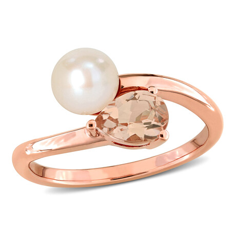 6-6.5mm Cultured Freshwater Pearl and 3/4 CT TGW Pear-Cut Morganite 2-Stone Ring in 10k Rose Gold (6)