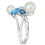 1 3/4 Ct TGW London, Swiss and Sky Blue Topaz and Diamond Accent with Cultured Freshwater Pearl Cluster Ring in 14k White Gold (6)