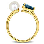 7/8ct TGW Pear-Cut London Blue Topaz 6-6.5mm Cultured Freshwater Pearl Open 2-Stone Ring in 10k Yellow Gold (8)