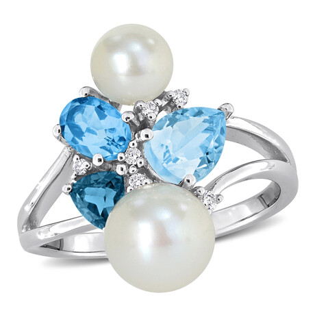 1 3/4 Ct TGW London, Swiss and Sky Blue Topaz and Diamond Accent with Cultured Freshwater Pearl Cluster Ring in 14k White Gold (6)