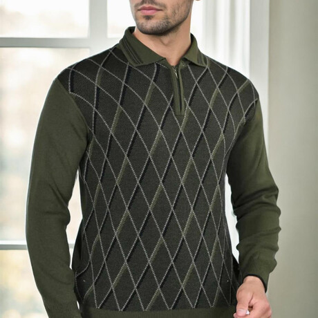 Half Zip Diamond Patterned Sweater // Khaki (M)