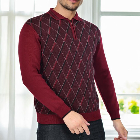 Half Zip Diamond Patterned Sweater // Burgundy (M)