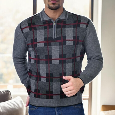 Half Zip Plaid Patterned Sweater // Gray (M)