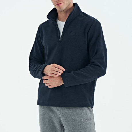 Half Zip High Collar Polar Sweatshirt with Embroided Logo // Navy Blue (S)