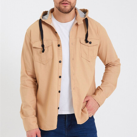 Solid Hooded Flannel Shirt // Beige (XS)