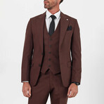 3 Piece Plain Slim Fit Mono Collar Double Button Suit // Brown (Euro: 52)