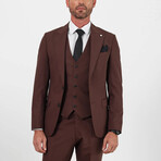 3 Piece Plain Slim Fit Mono Collar Double Button Suit // Brown (Euro: 46)