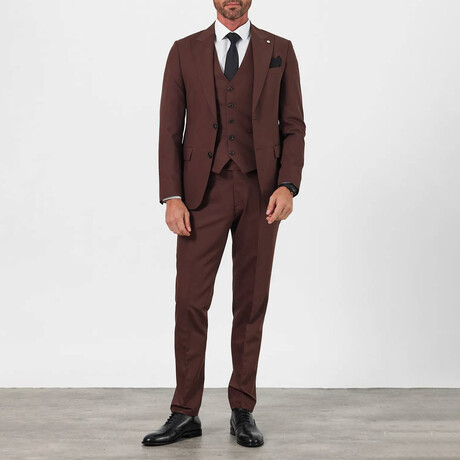 3 Piece Plain Slim Fit Mono Collar Double Button Suit // Brown (Euro: 44)