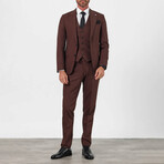 3 Piece Plain Slim Fit Mono Collar Double Button Suit // Brown (Euro: 52)