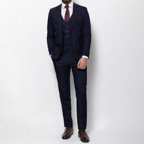 3 Piece Plain Slim Fit Mono Collar Double Button Suit // Navy (Euro: 44)