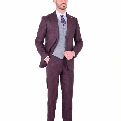 2 Piece Striped Slim Fit Mono Collar Double Button Suit // Burgundy (Euro: 44)