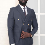 2 Piece Plain Slim Fit Double Breasted Pointed Collar Metal Button Suit // Dark Gray (Euro: 46)