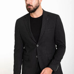 2 Piece Striped Slim Fit Mono Collar Double Button Suit // Black (Euro: 50)